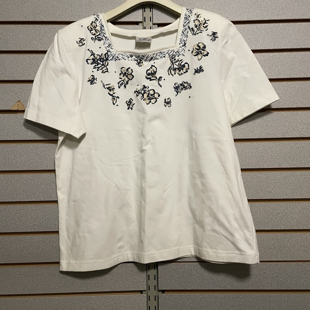 Koret City Blues L Short Sleeve Blouse‎ Shirt Embroidered Beaded Blue Flowers